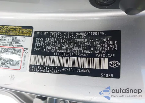 2007 Toyota Camry Ce из США, поврежденный, VIN 4T1BE46K57U652587